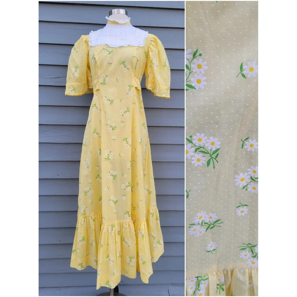 Vintage Maxi Dress Yellow Daisy Floral Swiss Dot Eyelet Lace Prairie‎ Medium